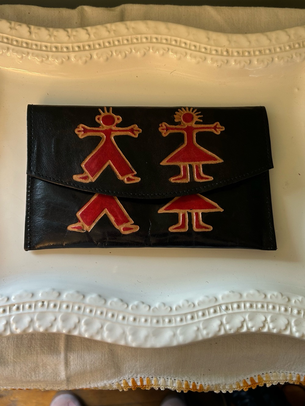 JAH BAG Black Leather Clutch with Red Folk Motif